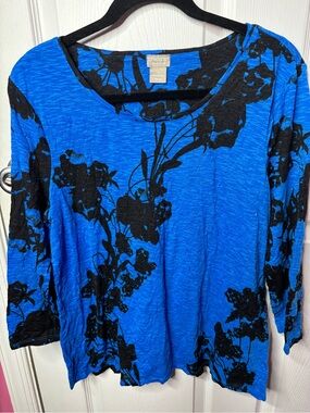 Chico's Electric Blue Black Floral Scoop Neck Long Sleeve Top
